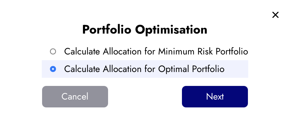 Example selecting the Optimal Portfolio optimisation option in Diversiview